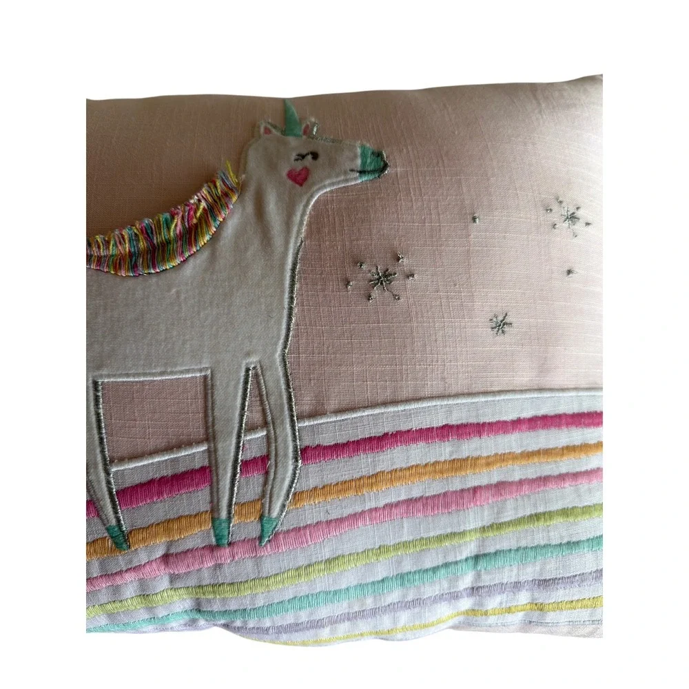 Pottery Barn Kids Decorative Pillow Pink Unicorn Rainbow Embroidered Tassel Star